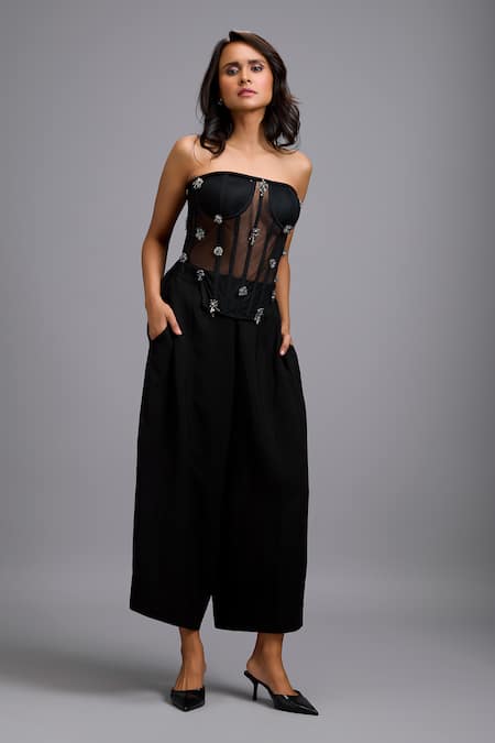 Buy_Deepika Arora_Black Linen Tapered Wide-leg Pant _Online_at_Aza_Fashions