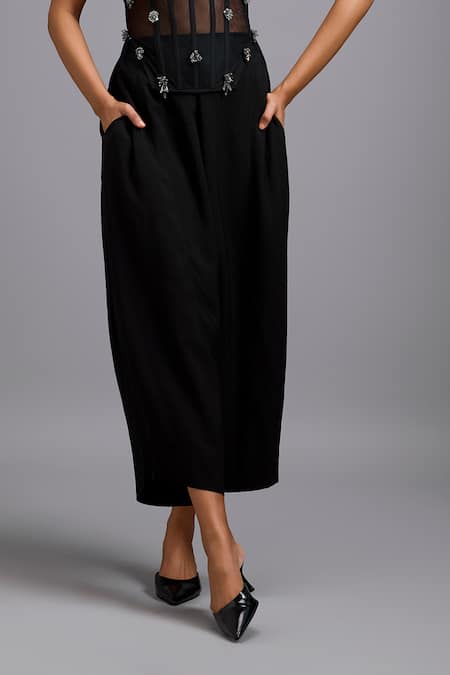 Shop_Deepika Arora_Black Linen Tapered Wide-leg Pant _Online_at_Aza_Fashions