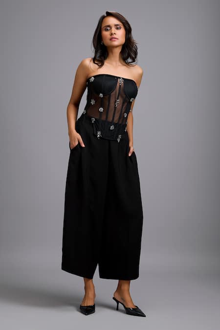 Deepika Arora_Black Net Rhinestones Bandeau Neck Embellished Corset _at_Aza_Fashions