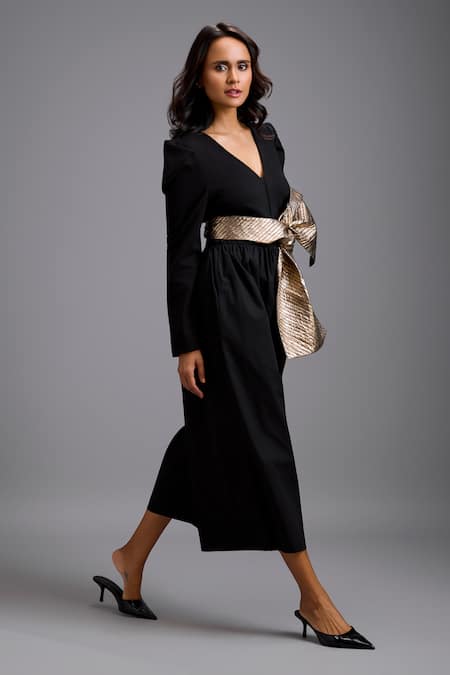 Buy_Deepika Arora_Black Ponte Roma Bows V-neck Structured Jumpsuit With Contrast Belt _Online_at_Aza_Fashions