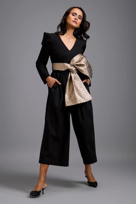 Shop_Deepika Arora_Black Ponte Roma Bows V-neck Structured Jumpsuit With Contrast Belt _Online_at_Aza_Fashions