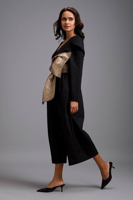 Deepika Arora_Black Ponte Roma Bows V-neck Structured Jumpsuit With Contrast Belt _at_Aza_Fashions