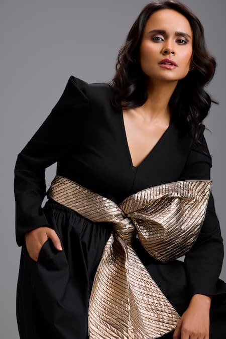 Buy_Deepika Arora_Black Ponte Roma Bows V-neck Structured Jumpsuit With Contrast Belt 