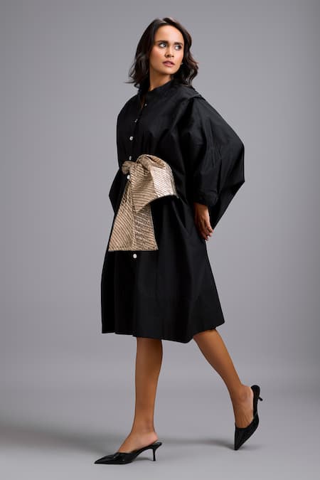 Deepika Arora_Black Cotton Bows Collared Button-down Midi Dress With Belt _Online_at_Aza_Fashions