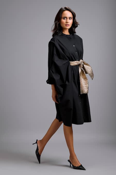 Buy_Deepika Arora_Black Cotton Bows Collared Button-down Midi Dress With Belt _Online_at_Aza_Fashions