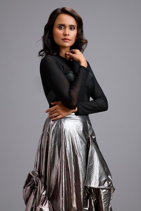 Deepika Arora_Black Net Sweetheart Neck Sheer Mesh Corset Top And Draped Maxi Skirt _Online_at_Aza_Fashions