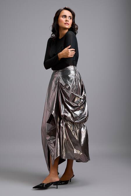 Buy_Deepika Arora_Black Net Sweetheart Neck Sheer Mesh Corset Top And Draped Maxi Skirt _Online_at_Aza_Fashions