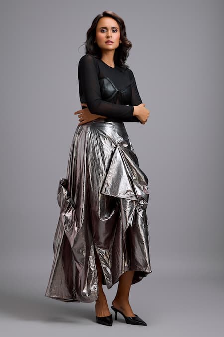 Deepika Arora Sheer Mesh Corset Top & Draped Maxi Skirt 