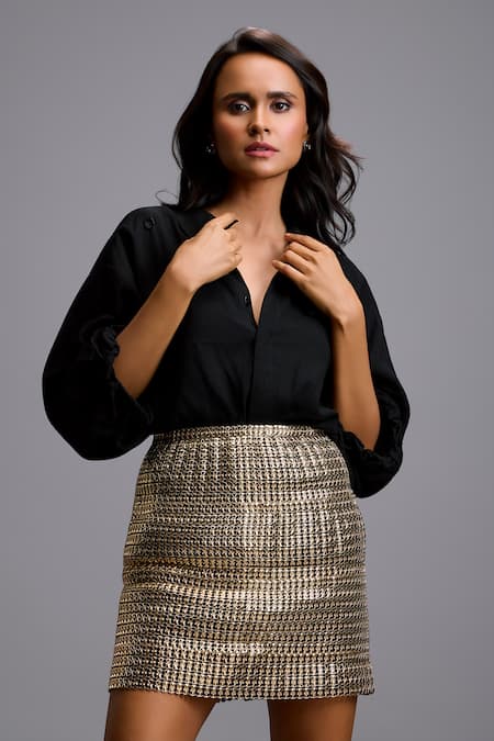 Deepika Arora_Black Linen Collared, V-neck Oversized Shirt With Metallic Textured Mini Skirt _at_Aza_Fashions