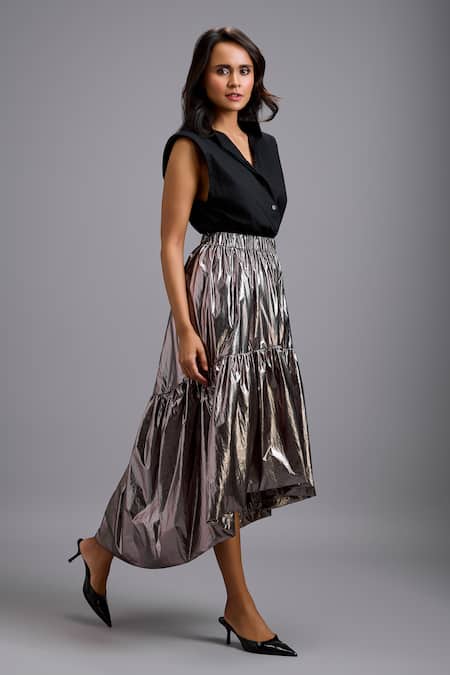 Deepika Arora Black Cotton Collared, V-neck Sleeveless Shirt And Metallic High-low Skirt Set Online at Aza Fashions Deepika Arora_Black Cotton Collared, V-neck Sleeveless Shirt And Metallic High-low Skirt Set _Online_at_Aza_Fashions