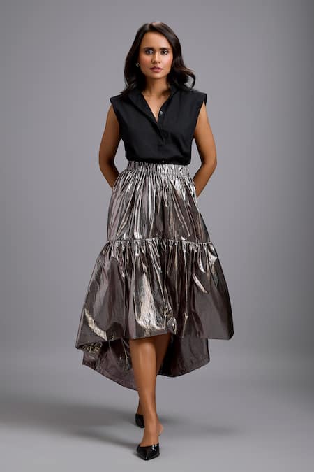 Buy Deepika Arora Black Cotton Collared, V-neck Sleeveless Shirt And Metallic High-low Skirt Set Online at Aza Fashions Buy_Deepika Arora_Black Cotton Collared, V-neck Sleeveless Shirt And Metallic High-low Skirt Set _Online_at_Aza_Fashions
