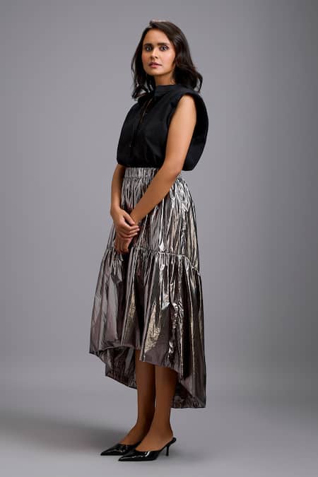 Shop Deepika Arora Black Cotton Collared, V-neck Sleeveless Shirt And Metallic High-low Skirt Set Online at Aza Fashions Shop_Deepika Arora_Black Cotton Collared, V-neck Sleeveless Shirt And Metallic High-low Skirt Set _Online_at_Aza_Fashions