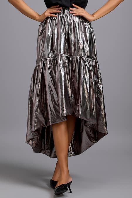 Deepika Arora Black Cotton Collared, V-neck Sleeveless Shirt And Metallic High-low Skirt Set at Aza Fashions Deepika Arora_Black Cotton Collared, V-neck Sleeveless Shirt And Metallic High-low Skirt Set _at_Aza_Fashions