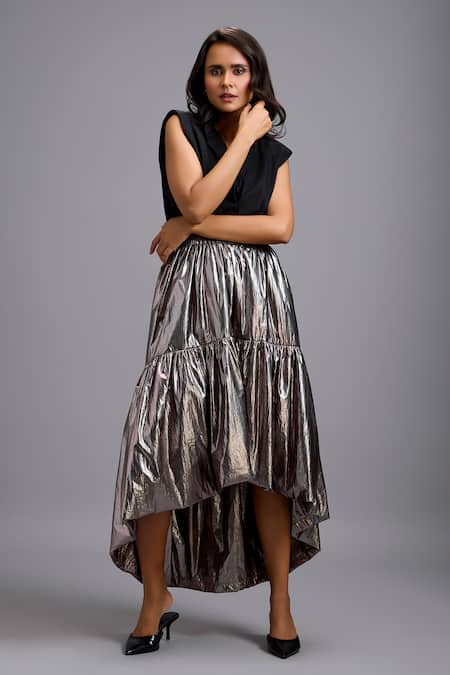 Buy Deepika Arora Black Cotton Collared, V-neck Sleeveless Shirt And Metallic High-low Skirt Set Buy_Deepika Arora_Black Cotton Collared, V-neck Sleeveless Shirt And Metallic High-low Skirt Set