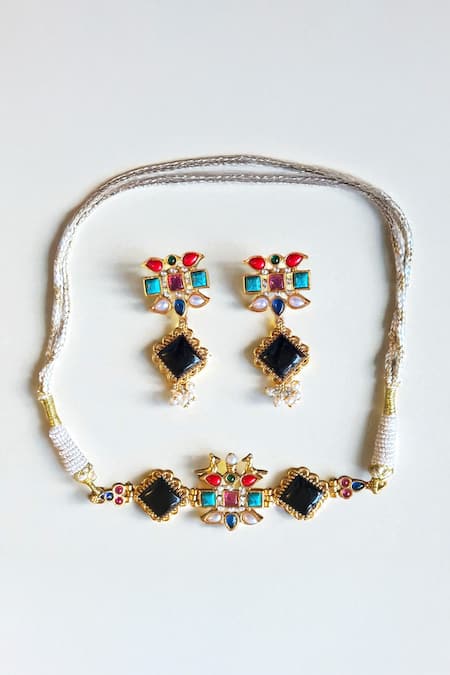 Amaara Jewels_Multi Color Gemstones, Pearls Noir Royalty Navratan Choker Set _Online_at_Aza_Fashions