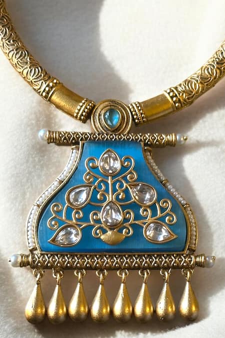 Amaara Jewels_Gold Plated Beads, Pearls, Stones Soleil Charm Pendant Hasli Necklace Set _at_Aza_Fashions