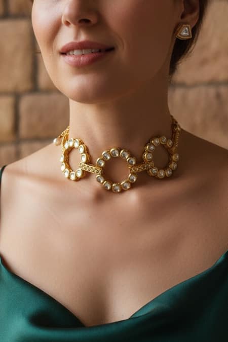 Amaara Jewels_Gold Plated Stones Mirror Orbit Necklace Set _Online_at_Aza_Fashions