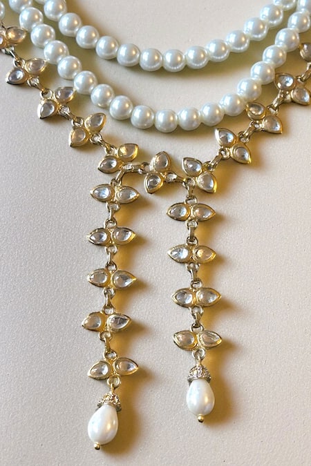 Buy_Amaara Jewels_Gold Plated Pearls, Stones, Crystals Cascade Necklace With Earrings _Online_at_Aza_Fashions