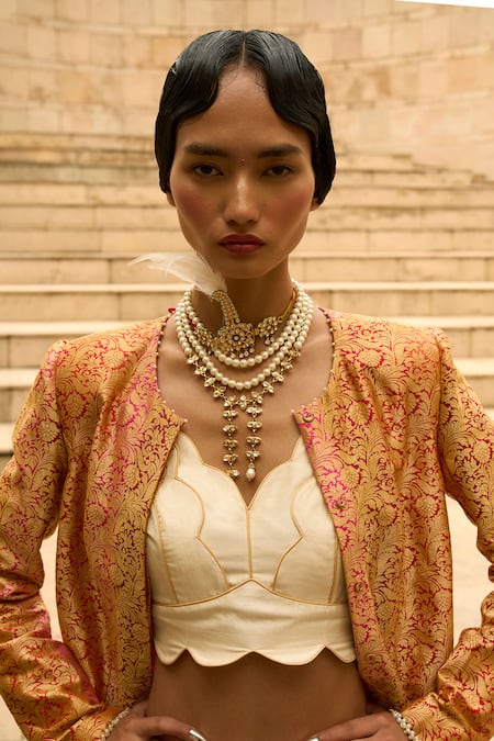 Shop_Amaara Jewels_Gold Plated Pearls, Stones, Crystals Cascade Necklace With Earrings _Online_at_Aza_Fashions