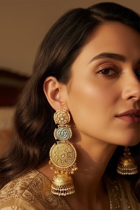 Amaara Jewels_Gold Plated Pearls, Stones, Beads Majestic Relic Long Jhumkas _Online_at_Aza_Fashions