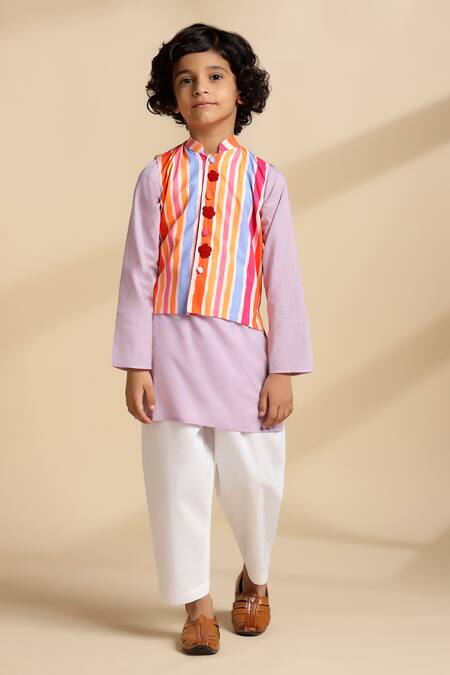 The Cotton Staple_Orange Cambric, Cotton Fabric Flowers Papaya Striped Bundi And Kurta Set _Online_at_Aza_Fashions