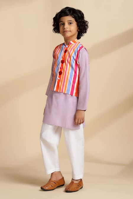 Buy_The Cotton Staple_Orange Cambric, Cotton Fabric Flowers Papaya Striped Bundi And Kurta Set _Online_at_Aza_Fashions