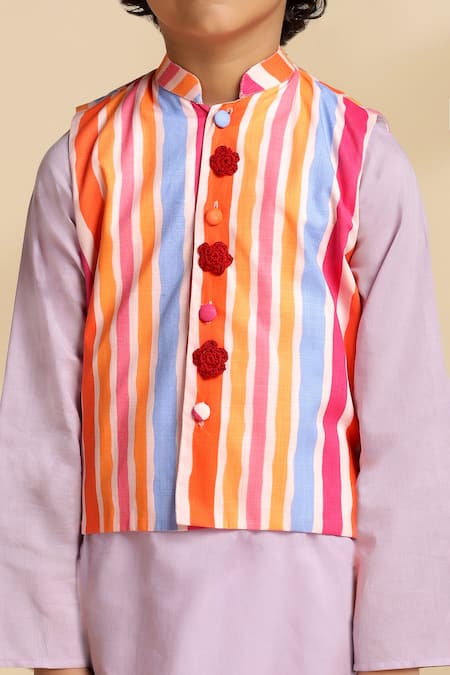 Shop_The Cotton Staple_Orange Cambric, Cotton Fabric Flowers Papaya Striped Bundi And Kurta Set _Online_at_Aza_Fashions