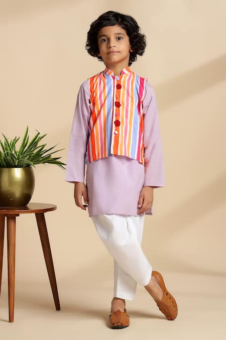 The Cotton Staple Papaya Striped Bundi & Kurta Set 