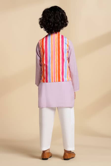 The Cotton Staple Papaya Striped Bundi & Kurta Set 