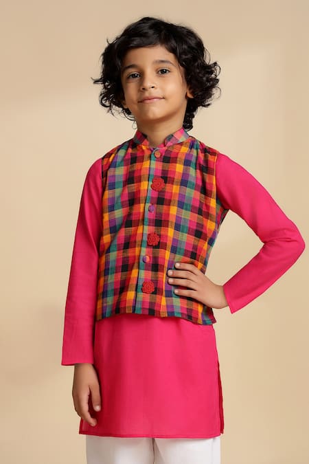 Shop_The Cotton Staple_Multi Color Cotton Fabric Flowers Bay Checkered Bundi And Kurta Set _Online_at_Aza_Fashions