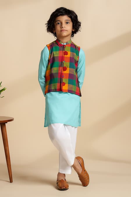 Buy The Cotton Staple Multi Color Cotton Fabric Flowers Jam Checkered Bundi And Kurta Set Online at Aza Fashions Buy_The Cotton Staple_Multi Color Cotton Fabric Flowers Jam Checkered Bundi And Kurta Set _Online_at_Aza_Fashions
