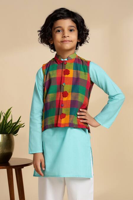 Shop The Cotton Staple Multi Color Cotton Fabric Flowers Jam Checkered Bundi And Kurta Set Online at Aza Fashions Shop_The Cotton Staple_Multi Color Cotton Fabric Flowers Jam Checkered Bundi And Kurta Set _Online_at_Aza_Fashions