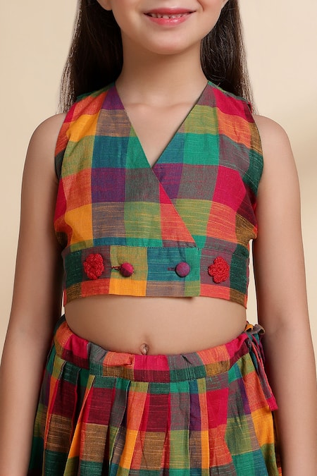Buy_The Cotton Staple_Multi Color Cotton Fabric Flowers, Tassels Reef Checkered Skirt Set _Online_at_Aza_Fashions