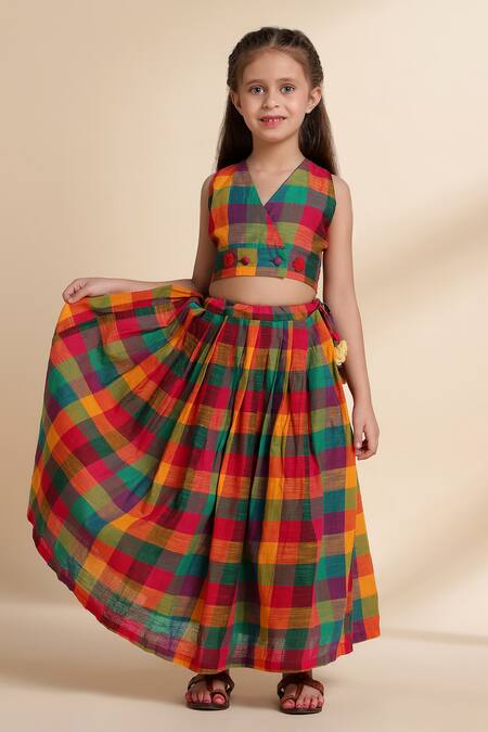 Shop_The Cotton Staple_Multi Color Cotton Fabric Flowers, Tassels Reef Checkered Skirt Set _Online_at_Aza_Fashions