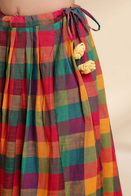 The Cotton Staple_Multi Color Cotton Fabric Flowers, Tassels Reef Checkered Skirt Set _at_Aza_Fashions