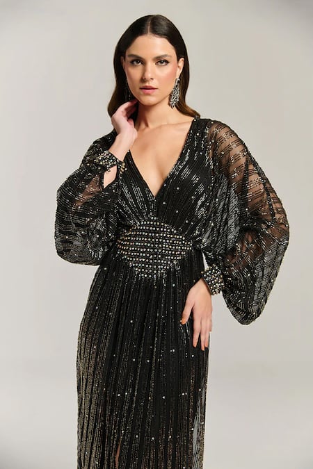 Bling Empire_Black Mesh Beads, Sequins, Stones V-neck Arabian Nights Embellished Gown _Online_at_Aza_Fashions
