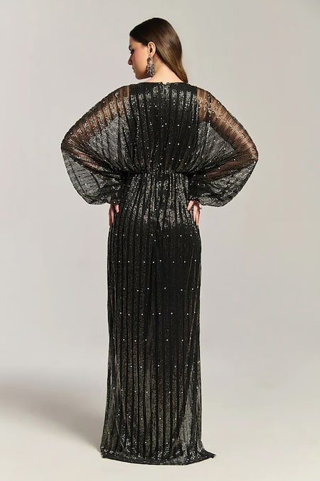 Shop_Bling Empire_Black Mesh Beads, Sequins, Stones V-neck Arabian Nights Embellished Gown _at_Aza_Fashions