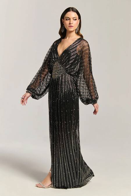 Buy_Bling Empire_Black Mesh Beads, Sequins, Stones V-neck Arabian Nights Embellished Gown _Online_at_Aza_Fashions