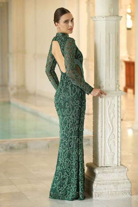 Bling Empire_Emerald Green Mesh Beads, Embroidery High Neck Sheer Panel Gown _Online_at_Aza_Fashions