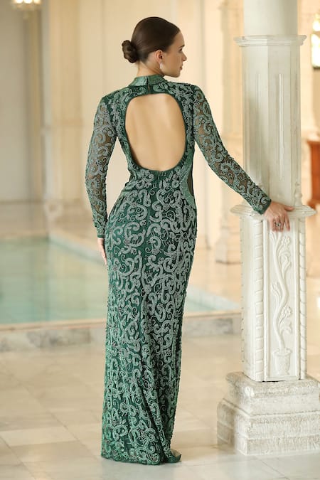 Bling Empire Emerald Green Embroidered Sheer Panel Gown 