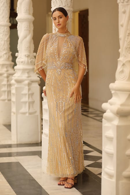 Bling Empire Gold Beaded Cape Sleeve Gown 