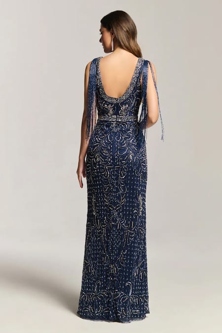 Bling Empire Navy Check Embellished Gown