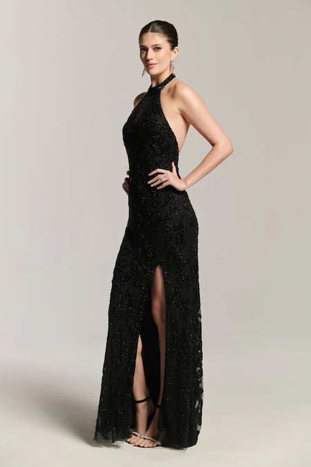 Bling Empire Black Mesh Beads Halter Neck, Mirage Embellished Gown Online at Aza Fashions Bling Empire_Black Mesh Beads Halter Neck, Mirage Embellished Gown _Online_at_Aza_Fashions