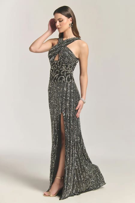 Bling Empire_Black Mesh Beads Halter Neck Cocktail Embellished Gown _Online_at_Aza_Fashions