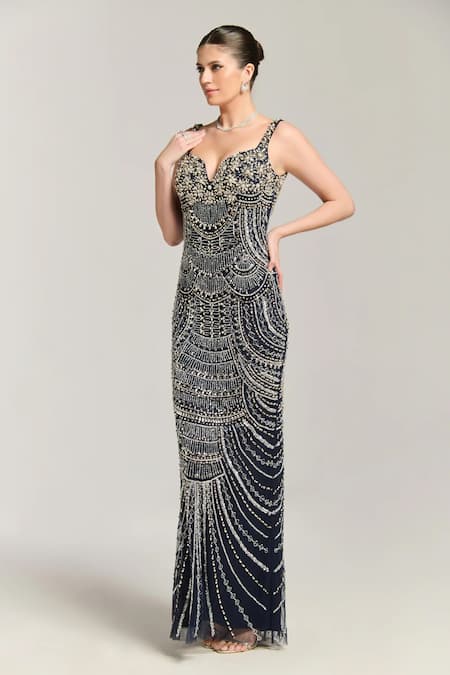 Bling Empire Blue Mesh Beads, Crystals Sweetheart Neck Studded Maxi Gown Online at Aza Fashions Bling Empire_Blue Mesh Beads, Crystals Sweetheart Neck Studded Maxi Gown _Online_at_Aza_Fashions