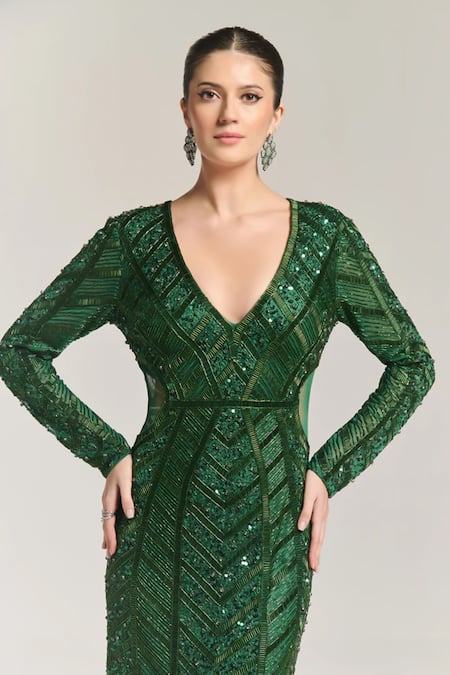 Buy_Bling Empire_Green Mesh Beads, Sequins Plunge Neck Embellished Bodycon Gown _Online_at_Aza_Fashions