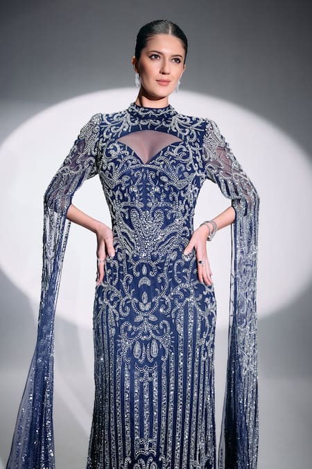 Bling Empire_Blue Mesh Beads High , Keyhole Elizabeth Embellished Cape Maxi Gown _Online_at_Aza_Fashions
