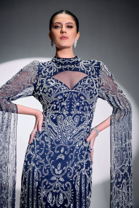 Buy_Bling Empire_Blue Mesh Beads High , Keyhole Elizabeth Embellished Cape Maxi Gown _Online_at_Aza_Fashions
