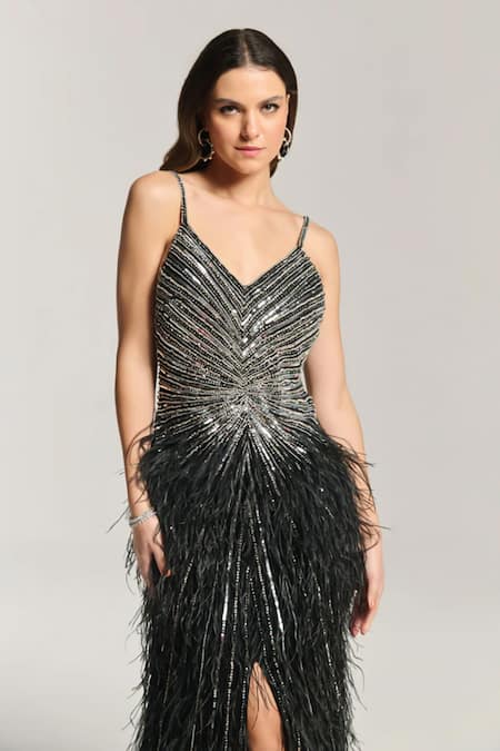 Bling Empire_Black Mesh Beads, Feathers V-neck Embellished Fall Gown _Online_at_Aza_Fashions
