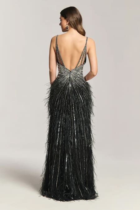 Bling Empire Embellished Feather Fall Gown 